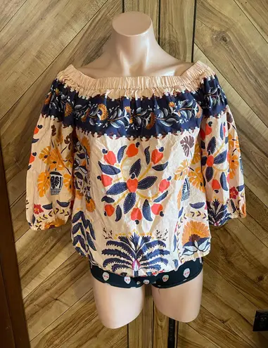Farm Rio For Anthropologie Small Off The Shoulder Printed Poplin Top Blouse