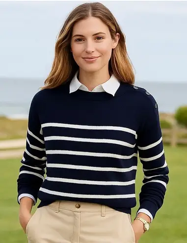 Free Assembly Womans Sweater Navy/White Stripe M Button Shoulder Boat Neck Blue Size M