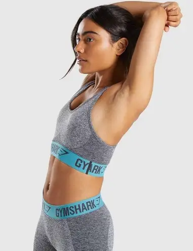 Gym Shark Biker Shorts and Sports Bra Set Grey with Blue Band