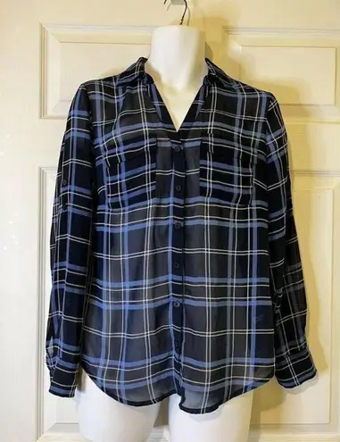 New York & Co. Women's Size Medium M Blue plaid‎ blouse top shirt sheer DBP-A