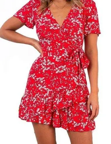 Women's Red Floral Wrap Mini Dress Short Sleeve Size S Casual