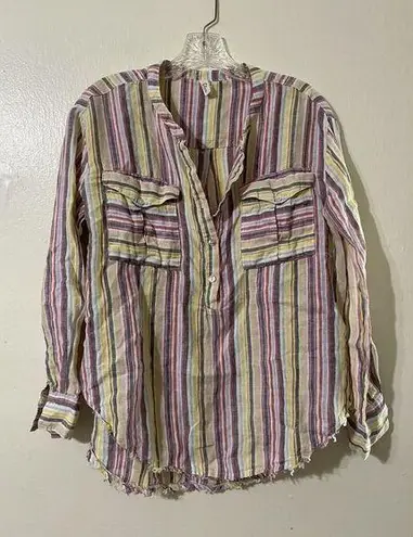 Elan  Lagenlook Boho Frayed Top Womens‎ Small 100% Linen Striped Popover