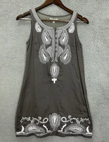 Cecico Shift Dress Womens Small Gray Paisley Embroidered Sleeveless Cotton Boho