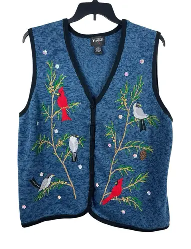VTG Designers Originals Women’s 2X Embroidered Bird Cardinals Sweater Vest 90s Blue