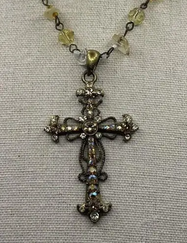 Cookie Lee Vintage Bronze Western w/Pink Stone Rhinestone Cross Pendant Necklace