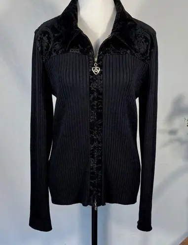 St. John Sport Black Zip Front Sweater with Corduroy Collar & Placket Sz L ❤️ Size L
