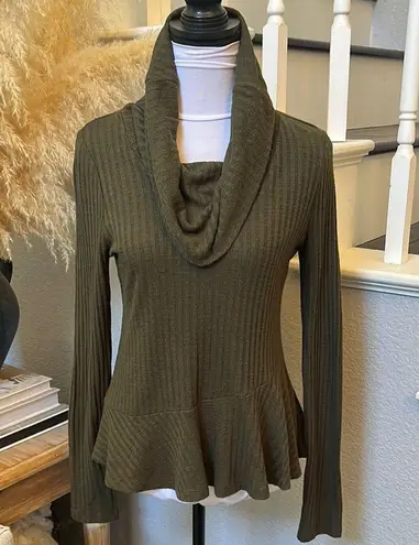 Maeve by Anthropologie Winterscape Olive Green Cowl Neck Peplum Sweater Top SZ S