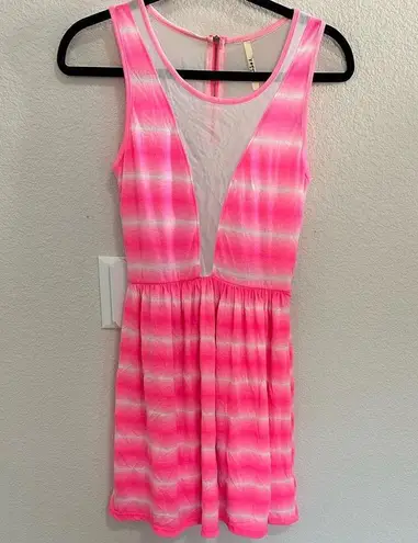 Yetts Los Angeles Mini Tank Dress Neon Pink White Stripe Sheer V