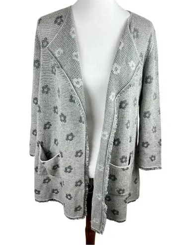 Martucci Roma Cashmere & Silk Open Cardigan Gray Floral Fringe Italy Silver Size M