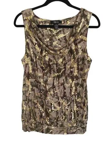Y2K Shiny Camo Gold Cowl Neck Sleeveless Top Club Rayon Summer Print Top Medium