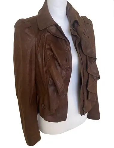INC International Concepts Faux Suede Brown Ruffle Zip Up Jacket Petite PET XS/S Size undefined