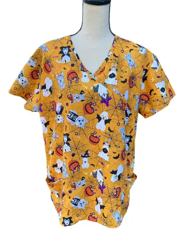 Serene Uniforms Orange Halloween Dogs Puppy Scrub Top XL Trick Or Treat
