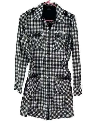 COOGI Shirt Dress Size Large Buffalo Check Plaid W&B Silver Logo Zippers Checked