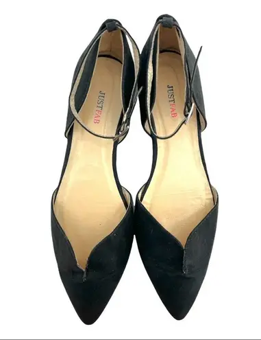 JustFab  (6.5) Meena Black faux Suede Pointed Toe Ankle Strap D’Orsay Flats Shoes