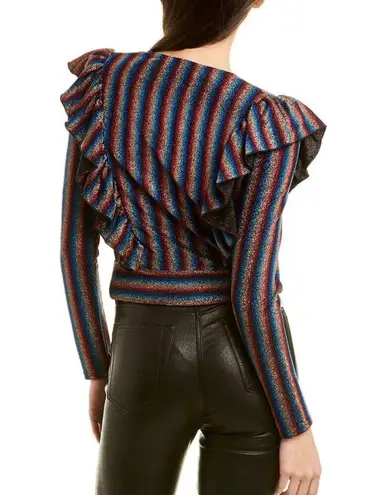 Saylor  Blouse Rainbow Metallic Striped Ruffled V-Neck Cropped Whimsygoth Small