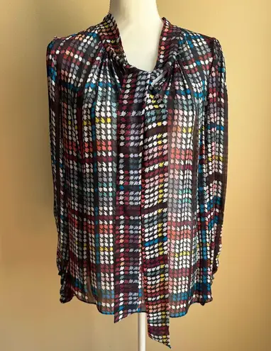 Shoshanna Selina Plaid Tie Neck Semi-Sheer Blouse