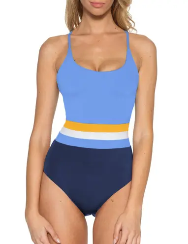 BCA by Rebecca Virtue Palo Alto One Piece Swimsuit Deep Water Blue Yellow White