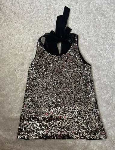 Mango MNG Collection S / M Silver Sequin Sheer Black Bow Tie Back Tank Top Sparkle