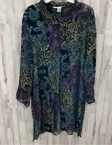 Vintage Caroline Rose Silk Sheer Velvet Duster Tunic Artsy Top Womens XL Black