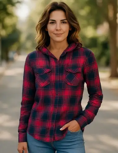 Aritzia TNA Hooded Plaid Boyfriend Fit Button Down Long Sleeve Red Navy XS Blue