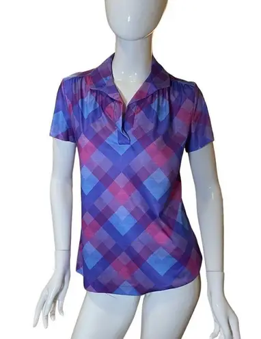 Vintage 70s Argyle Plaid Short Sleeve Blouse Medium Magenta, Bubblegum Pink