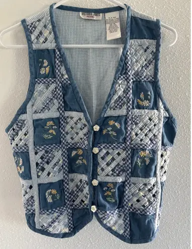 Vintage Vest Womens Size PL Blue Cream Gingham Embroidered Beaded Sunflower