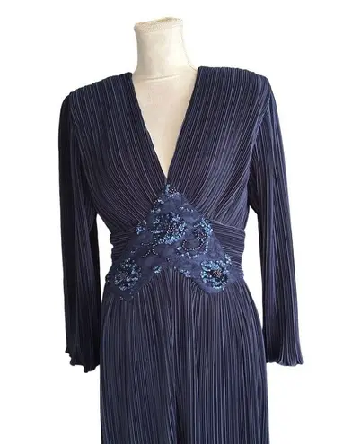 Vintage Navy Blue Pleated Long Sleeve Midi Dress Beaded Waist & V