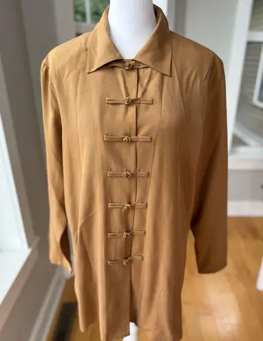 Vintage August Silk Tan Brown Silk Tunic Asian Style Jacket Dress Shirt Size 12