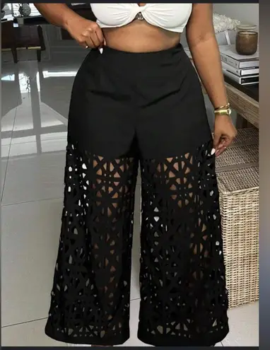 Women’s Casual High Rise High Waist Hollowed Out Cut Out Wide Leg Black Pants Size L