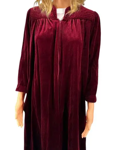 Vintage Velour Dressing Gown Sleepwear 1970s Zips Medium Heather Collection Red
