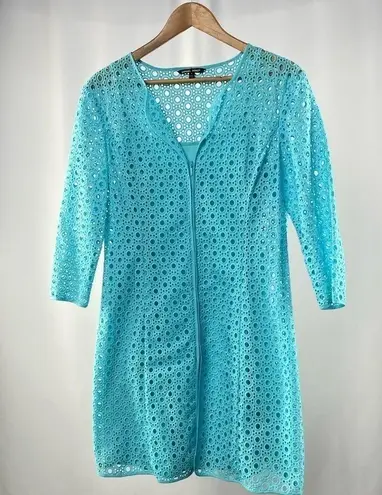 Samuel Dong Eyelet Jacket Dress in Blue Size Medium Blue