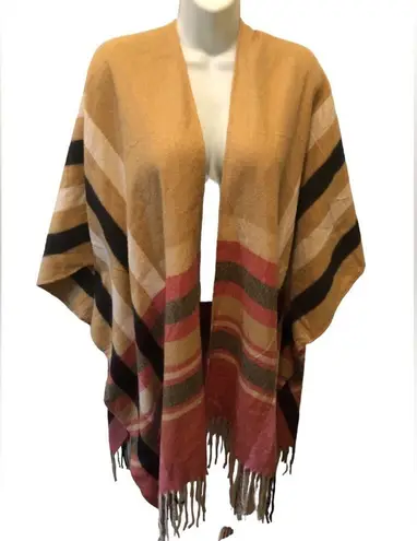 Woolrich  Southwest Navajo Ruana Poncho Plaid Fringe Sz 0S Tan Red Viscose Blend