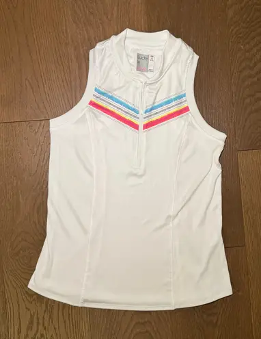 Lucky in Love Tennis Pickleball Sleeveless Top White Stripes Zip Up Size XS