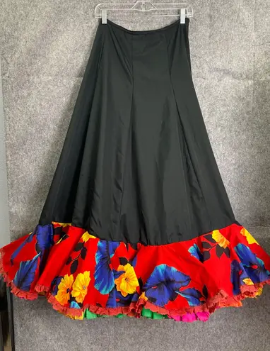Source Unknown Vintage Black Maxi Skirt Bright Floral Ruffle Hem Boho Fiesta Party Skirt M/L - Image 1