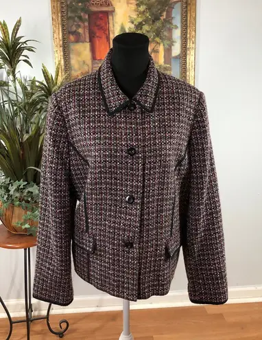 JM Collection Tweed Jacket Size 18 Contrasting Black Trim Button Up 4 Buttons