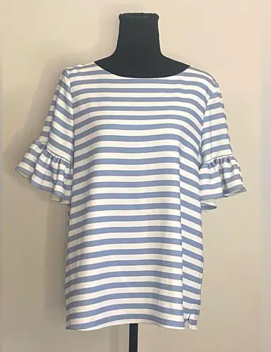 Sail To Sable - Blue and white striped short sleeve blouse with ruffled sleeve L