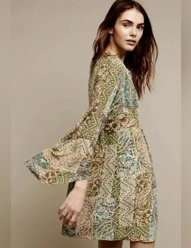 Anthropologie NWOT Green Floreat Dress Amelie 100% silk Kimono Style Boho size 4