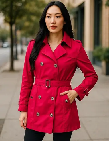 Short Red Double Breasted Trench Coat Jacket by MENG YIREN ~ Women's Size M / L