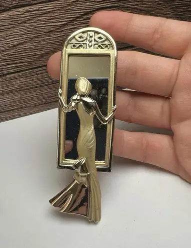 AJC Lady Standing At Mirror In Evening Dress Brooch Pin Gold Tone Signed