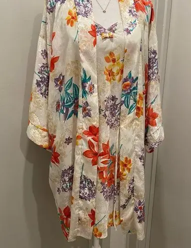 VTG 90s 80s Expressions Ivory White Floral Bathrobe Robe & Cami Mini Slip Dress Size M