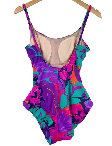 Vtg Y2K Abstract Swim One Piece Sz 16 High Cut Neon Floral Print Ruched Pink