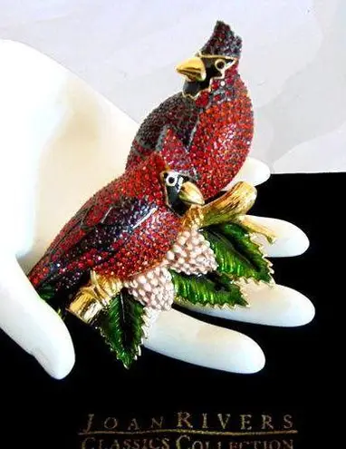 Joan Rivers  CARDINAL Birds BROOCH PIN Large 4" Pave Crystal Enameled Gold Pine