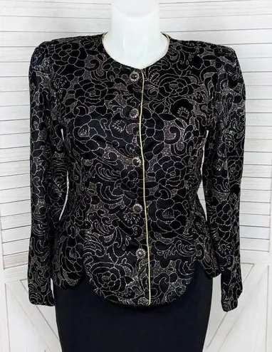 Vintage 80s R&K Evening Floral Glittered Velvet Jacket Black Gold 14