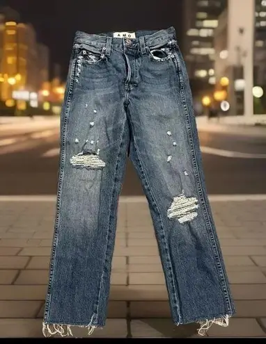 AMO Loverboy Freedom Blue Distressed Cropped Raw Hem Jeans in Retro Size 23