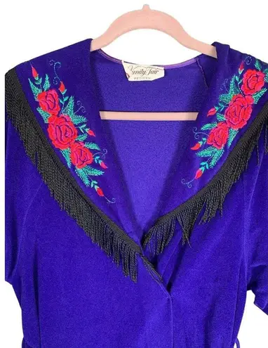 Vanity Fair Vintage Lounge Robe Fringe Embroidered Floral Full Length Purple