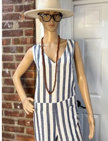 Women’s Beach Lunch Lounge Cotton Stripped Cropped Jumpsuit Nautical Vacation XL
