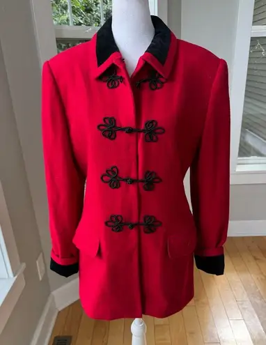 Vintage International Scene Red Wool Blazer Jacket Black Velvet Collar Cording S
