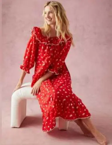Printfresh x Pencil & Paper Co Hearts Midi Nightgown Dress in Size Large Red
