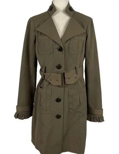 BLANC NOIR Belted Tailored Office Siren Trench Coat Ruffle Cuffs Medium Green