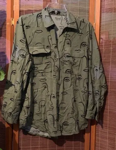 Milk & Honey Shirt Oversized Olive Size S Face Drawing Silhouette Abstract Green